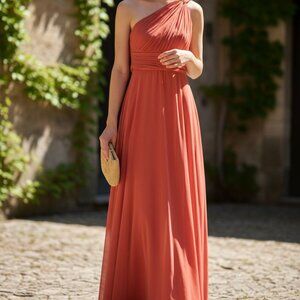 Elegant One-Shoulder Coral Gown – Size 4, New with Tags